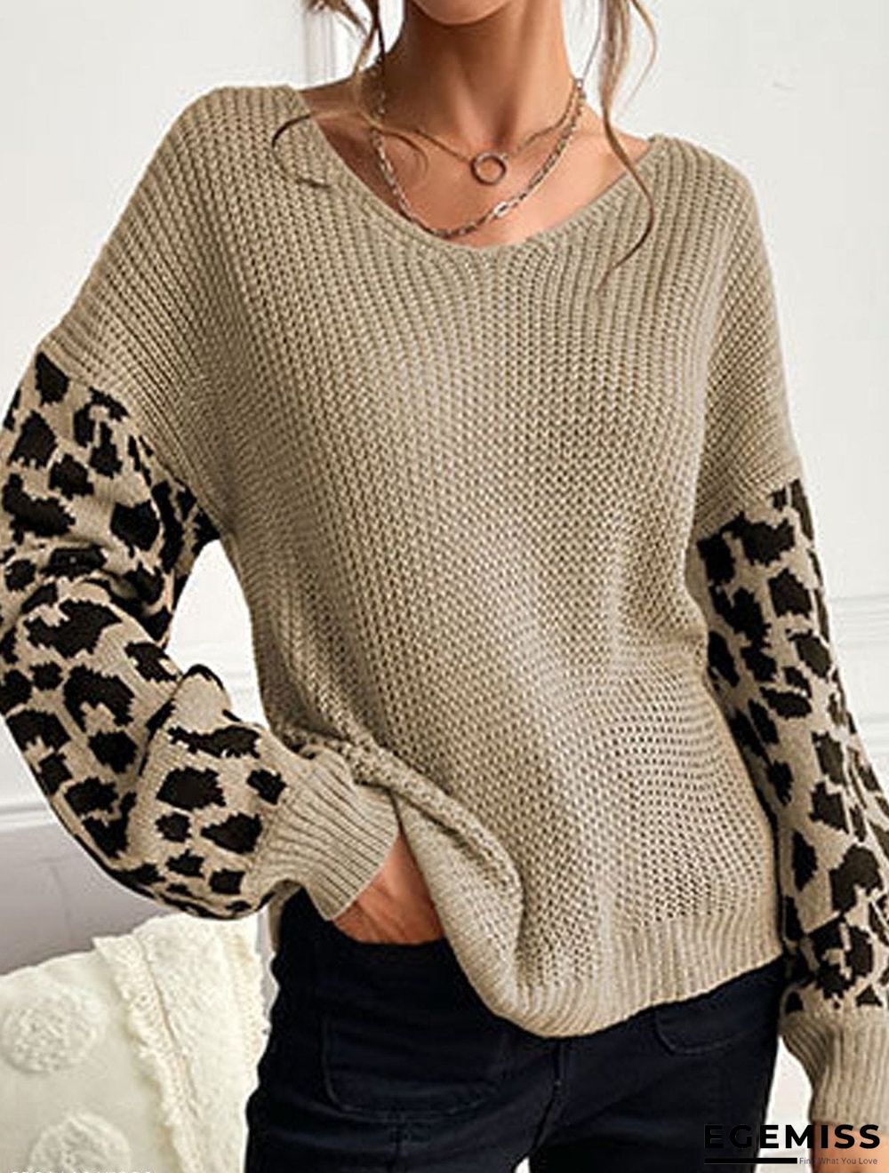 Casual Leopard Print Stitching V-Neck Long-Sleeved Sweater | EGEMISS