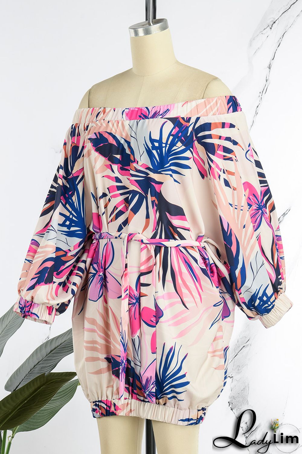 Rose Red Casual Print Backless Off the Shoulder Lantern Dress Dresses