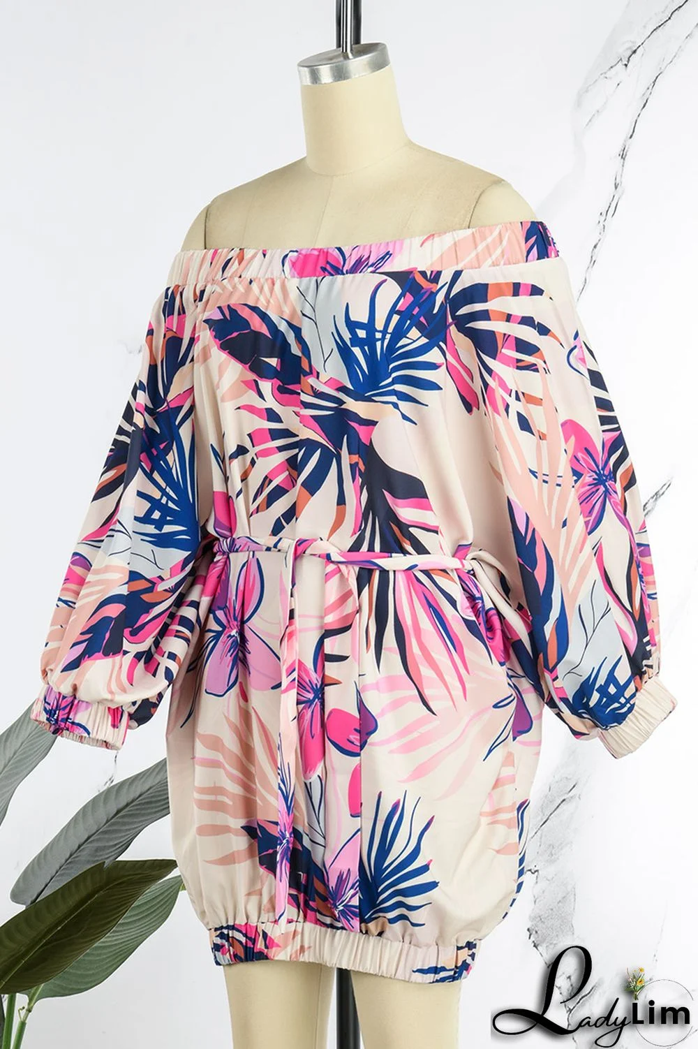 Rose Red Casual Print Backless Off the Shoulder Lantern Dress Dresses