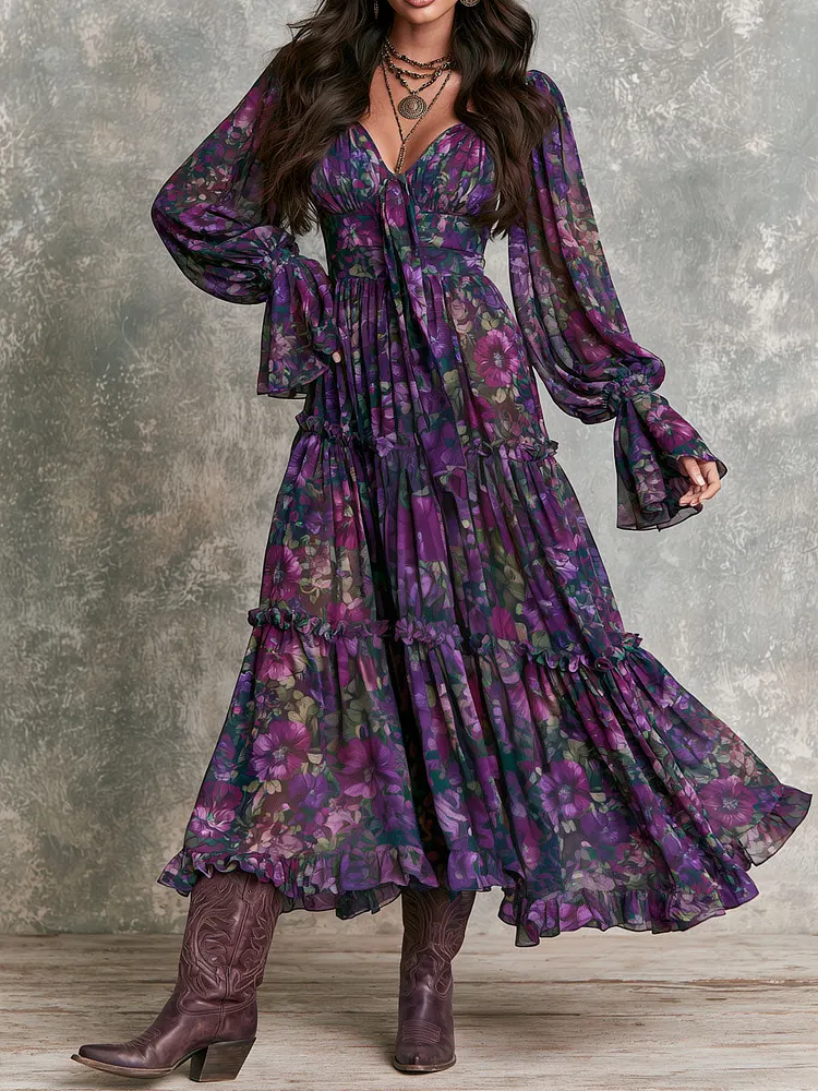 Boho Purple Floral Chiffon Tie V Neck Tiered Ruffle Maxi Dress