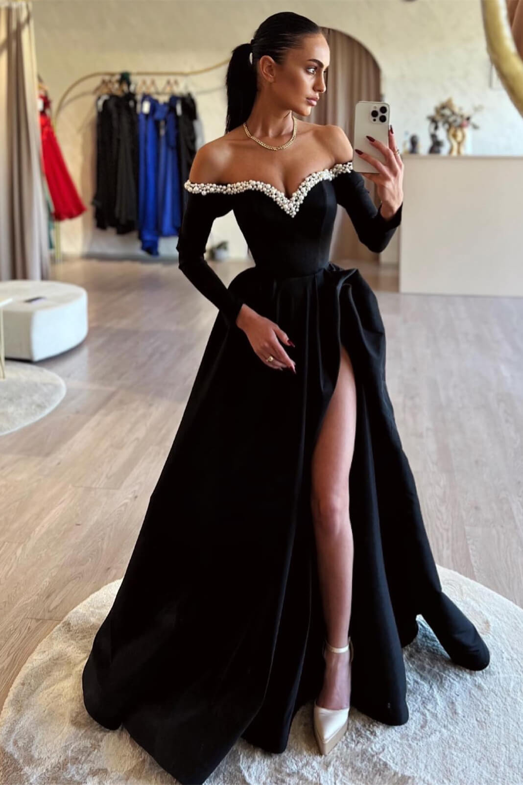 Bellasprom Black Long Sleeves Off-the-Shoulder Prom Dress High Split With Pearls Bellasprom