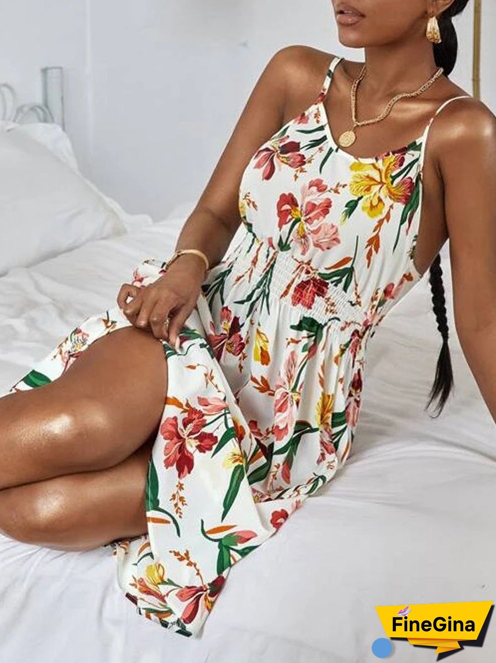 Women'S Dresses Printed Sling Elastic Waist Sleeveless Dress