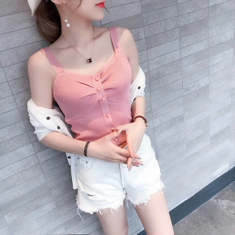 Uveng Uveng Short Sling Vest Female Hong Kong Flavor Retro Chic Korean Version Of Twisting Buckle Decorative Temperament Match Blouse Korean Tide