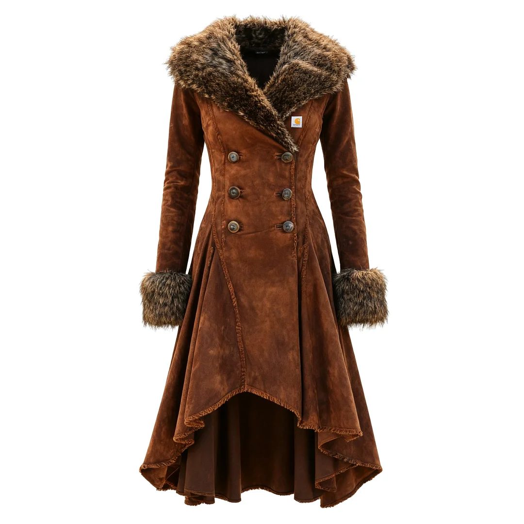 Women's Retro Western Style Suede Mid-Length Coat Fur Collar Lapel Jacket