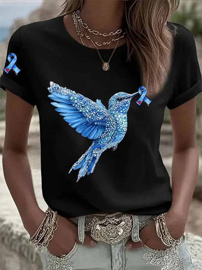 Women's Diabetes Awareness Hummingbird Ribbon Print Casual T-Shirt socialshop