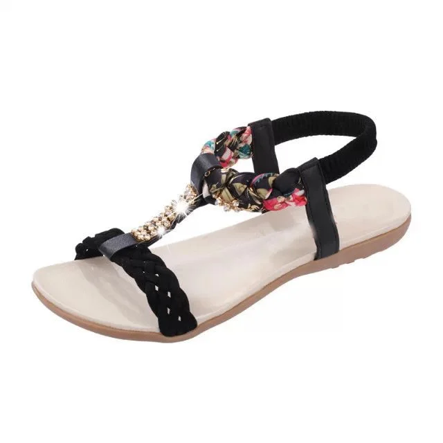 Women Sandals Summer Flat Heel Bohemian Sandals 2019 New Rhinestone Mixed Color Ladies Elastic Band Open Toes Beach Shoes