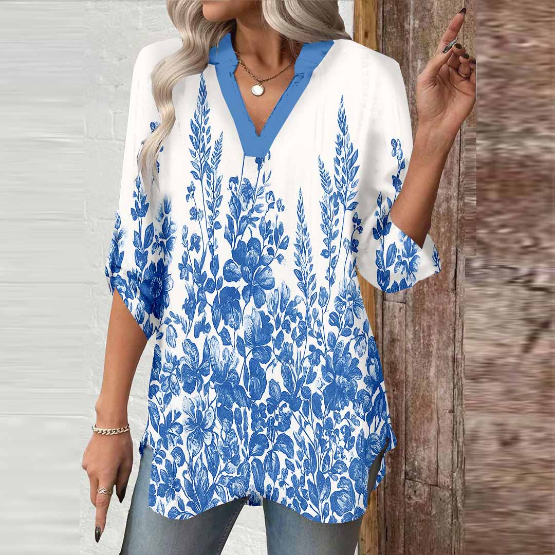 Women Floral, Blue DZGA0500 3/4 Sleeve V-neck Printed Graphic Button Tops