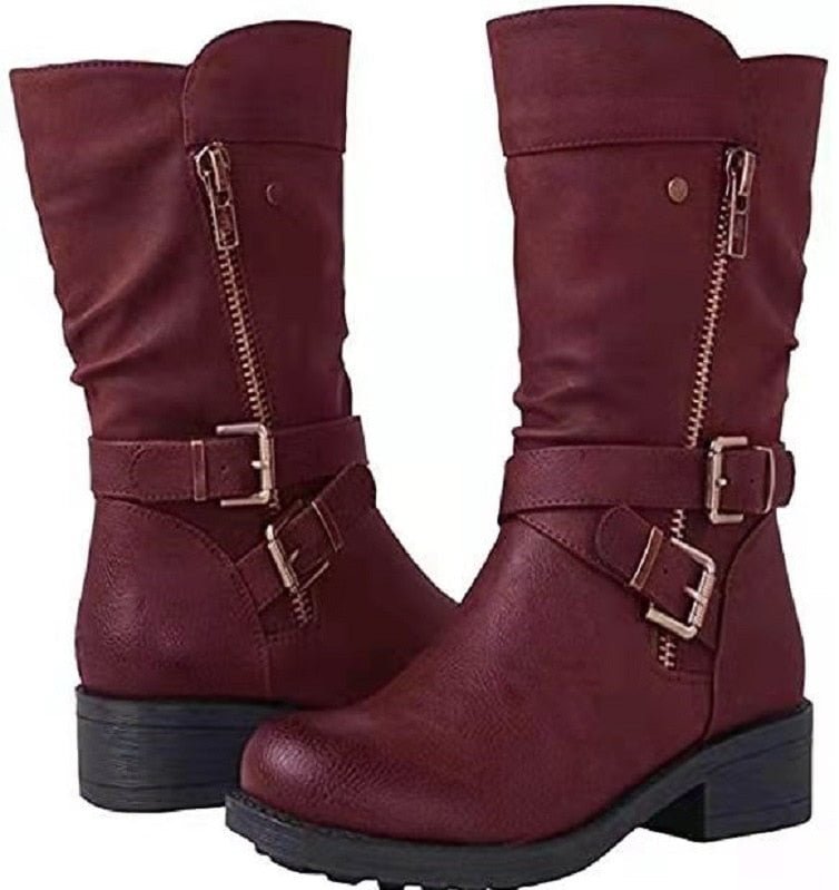 Shoes Women's Leather Boots Retro Belt Buckle Mid Calf Boots Round Toe 2021 Water Proof Casual Martin Boots Women Botas De Mujer