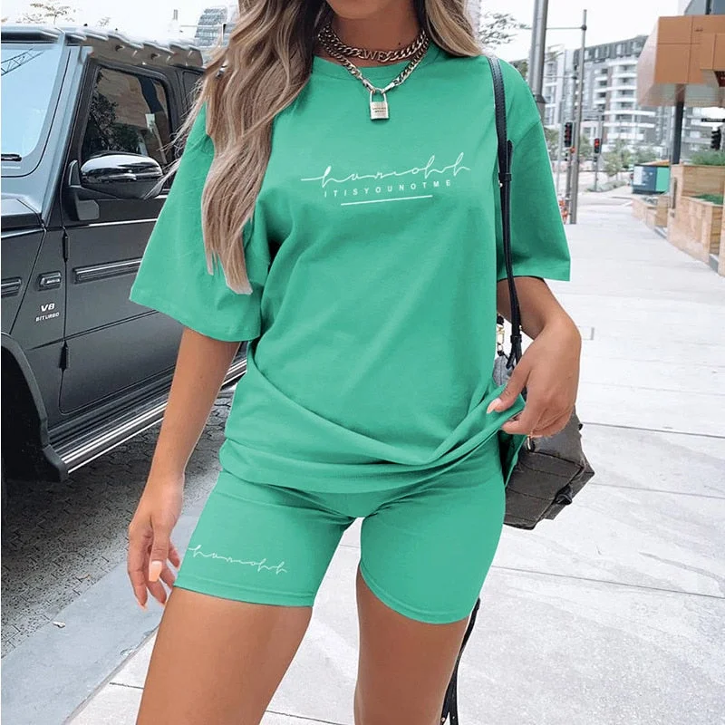 Casual Basic Women's Two Pieces of Sets Homewear Oversize Shirt and Skinny Shorts Set Streetwear Letter Print Set