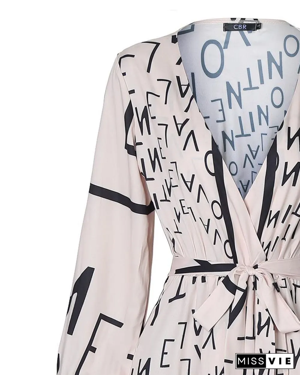 Letter Print Lantern Sleeve High Slit Maxi Dress P13222