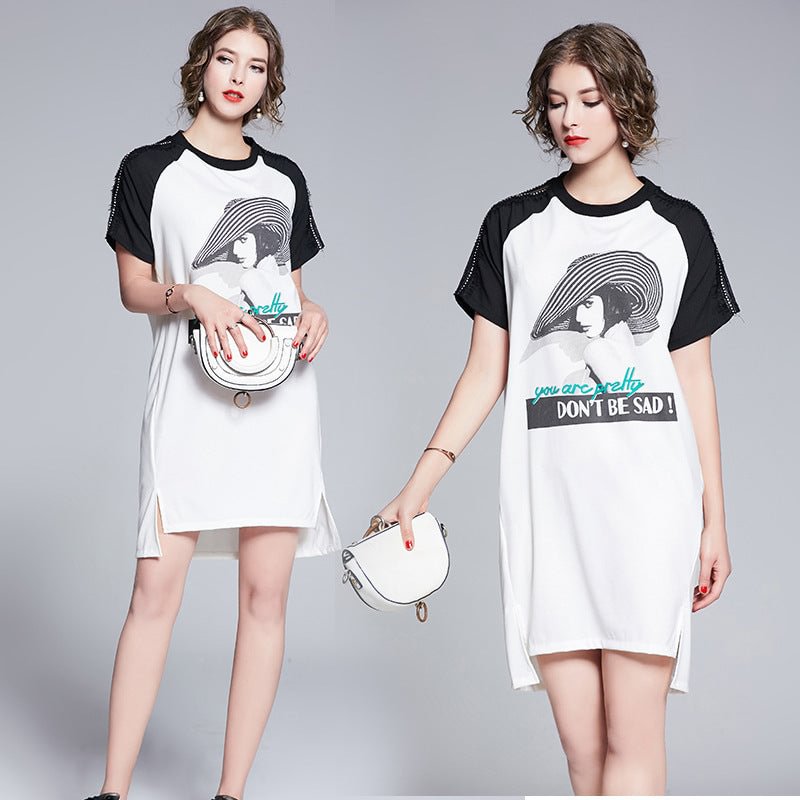 Summer Loose Dress For Women Fashion Rhinestone Printing Half Sleeve Stitching T-shirt Skirt