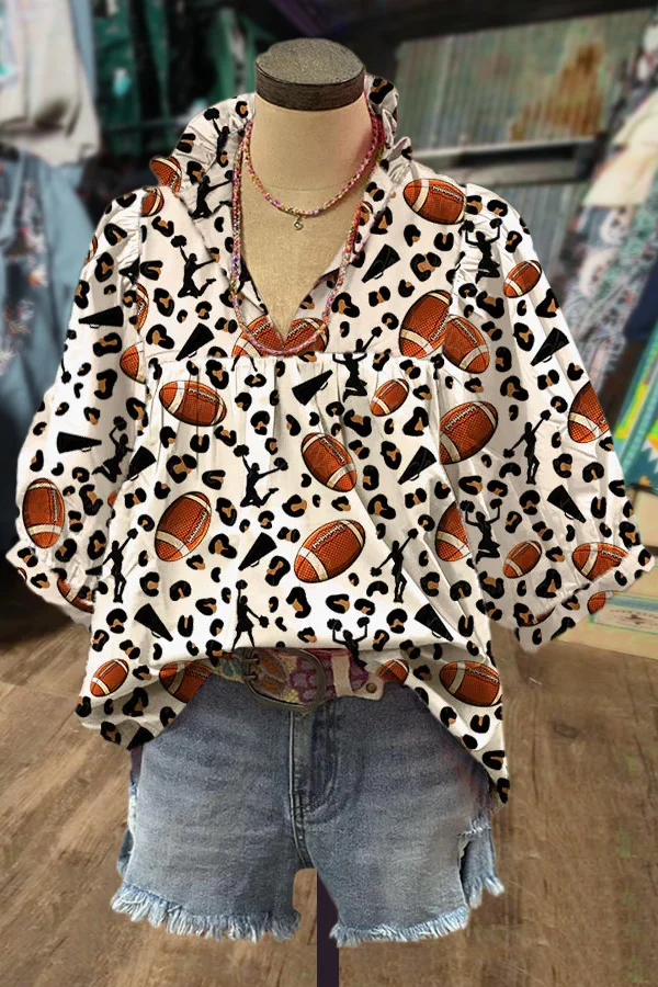 Mixed Football Print Ruffle V-Neck Bubble Sleeve Top