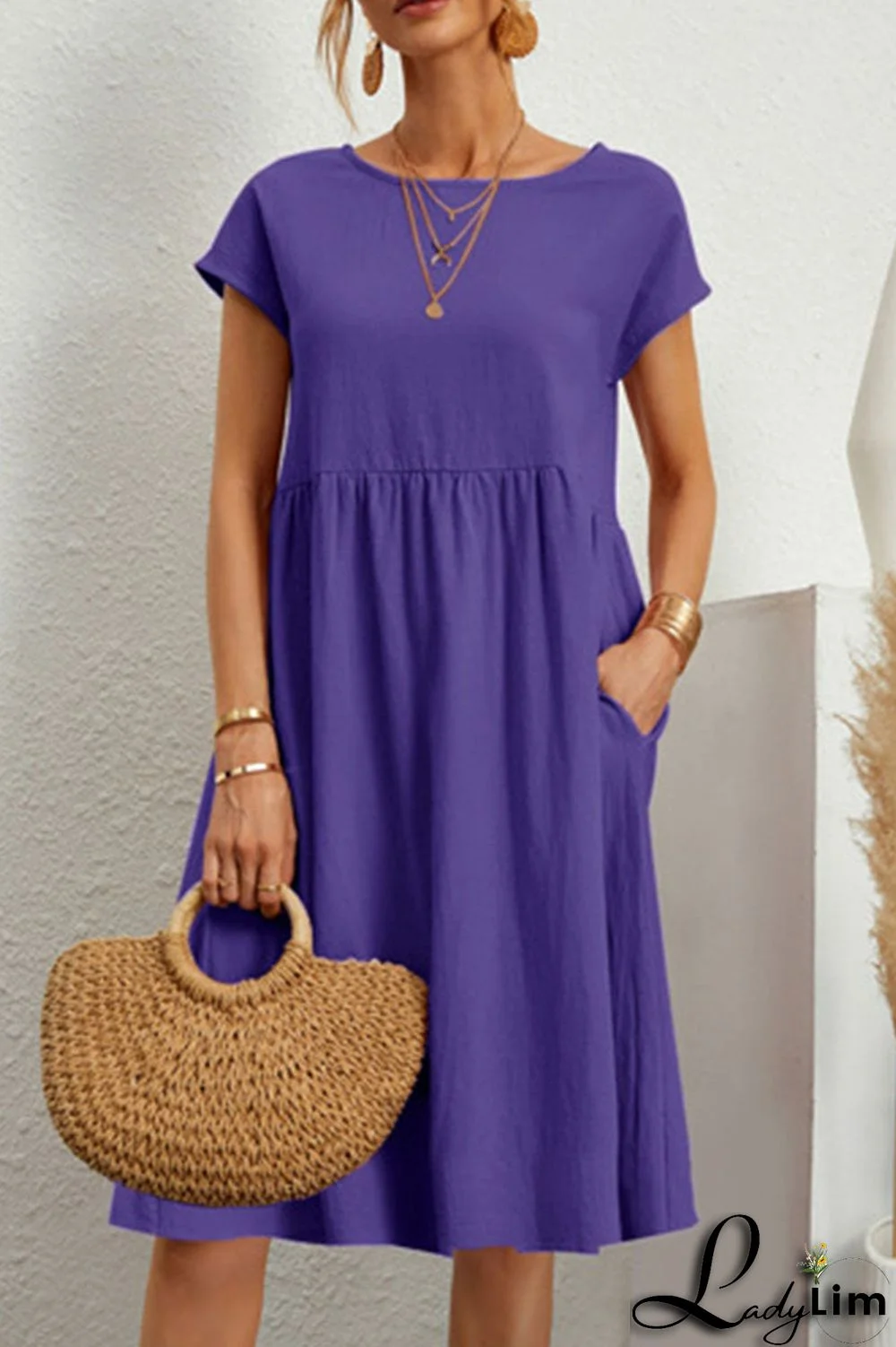 Casual Solid Patchwork O Neck A Line Short Sleeve Dress(11 colors)