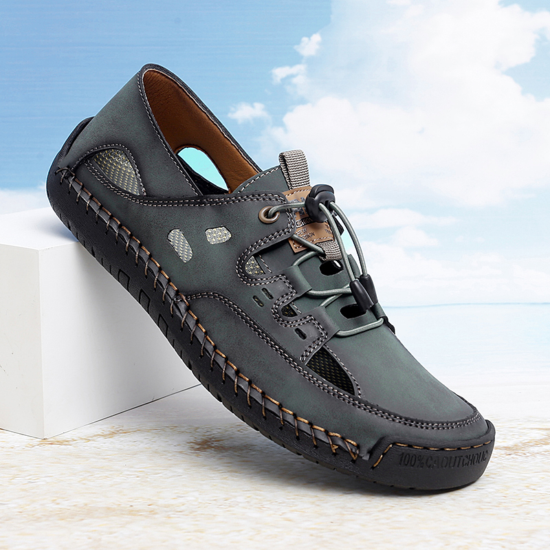 Arkget Shoes | Men's Leather Hallow-Out Breathable Hand-stitched Elastic Strap Sandals