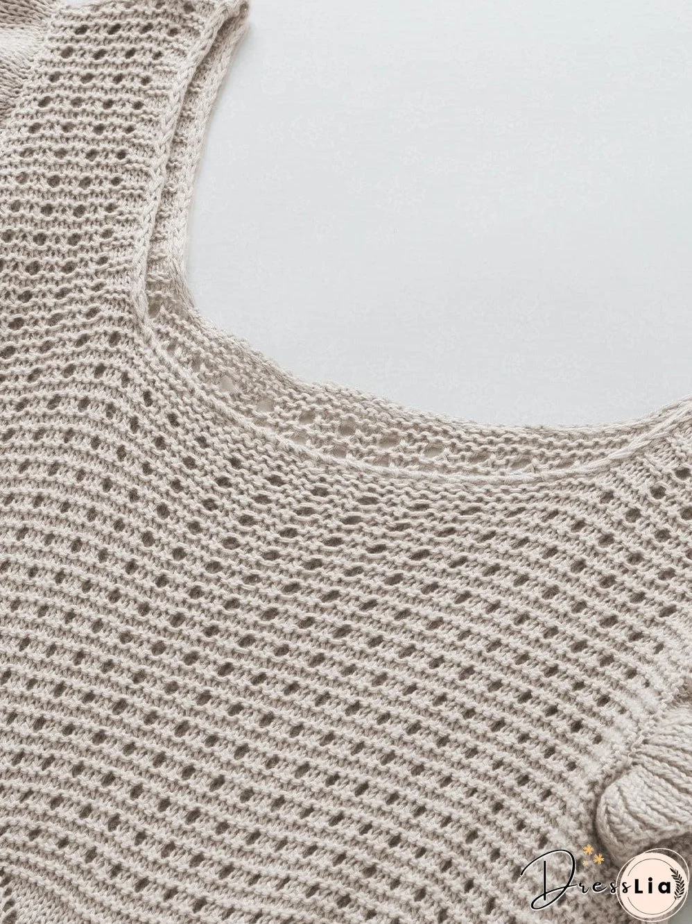 Beige Pointelle Knit Ruffle Sleeve Sweater for Chic Summer Styling