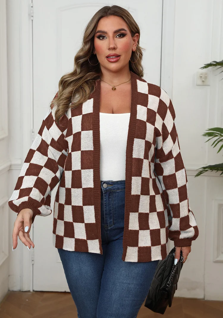 Autumn & Winter Casual Essential! EU/US Plus Size Women's Kabai Color-Block Checkerboard Woolen Cardigan | Loose & Stylish🧥