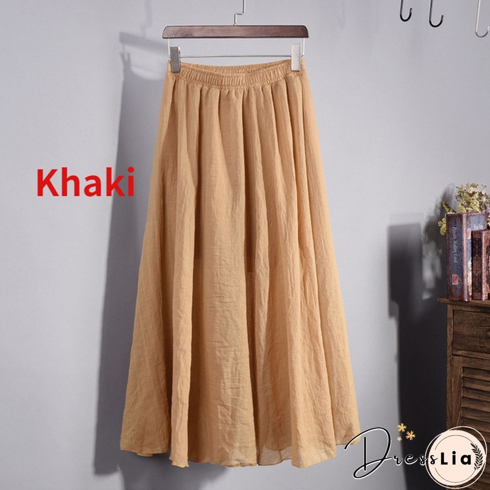 Women Cotton Linen Pleated Maxi Skirt Elastic Waist Vintage Solid Color Boho Beach Spring Summer Pleated Maxi Skirt