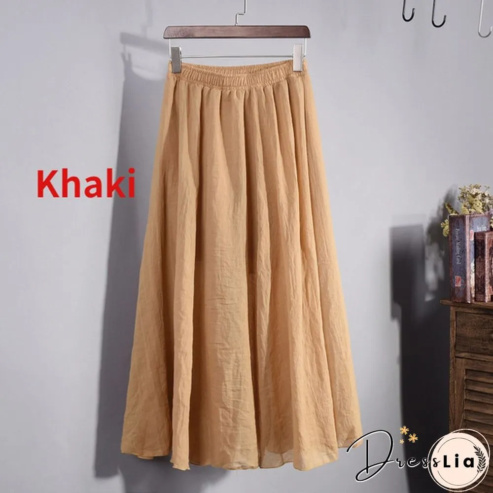 Women Cotton Linen Pleated Maxi Skirt Elastic Waist Vintage Solid Color Boho Beach Spring Summer Pleated Maxi Skirt