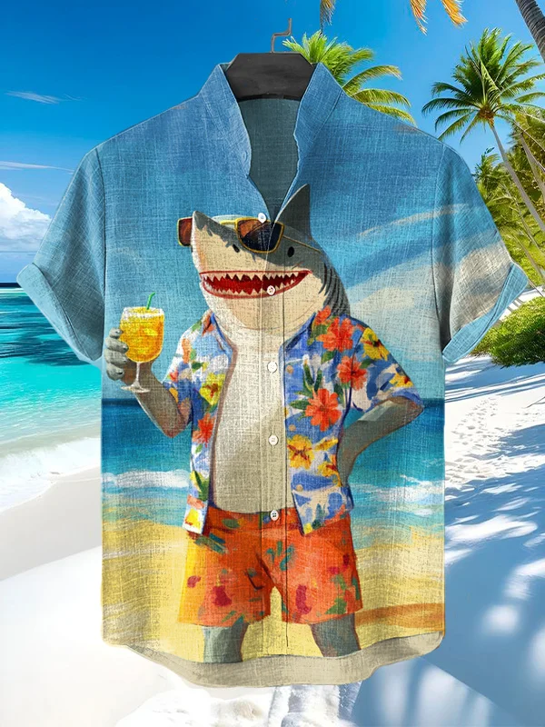 Men's Oil Painting Art Shark Print Vacation Shirt