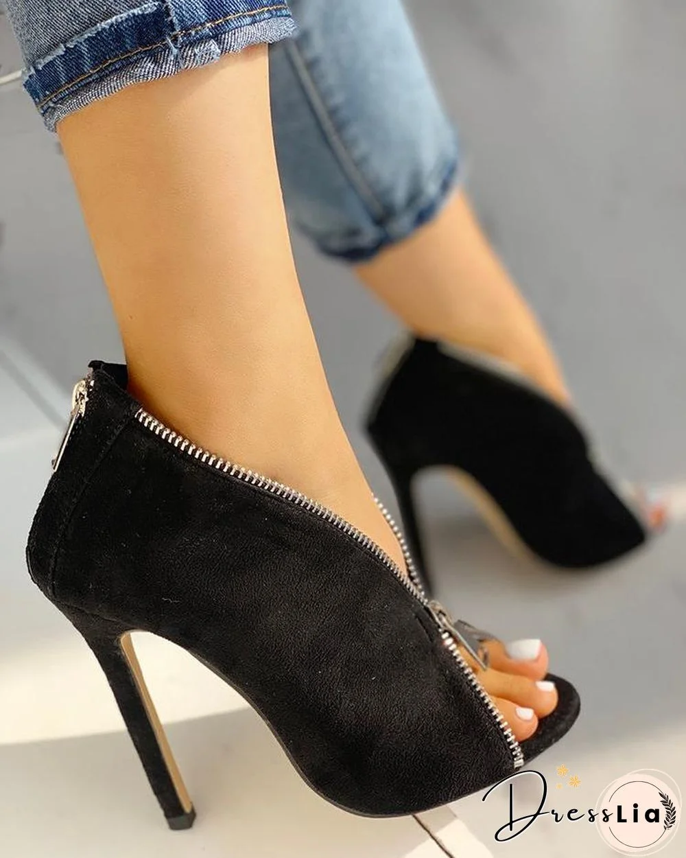 Suede Zipper Design Peep Toe Heeled Boots
