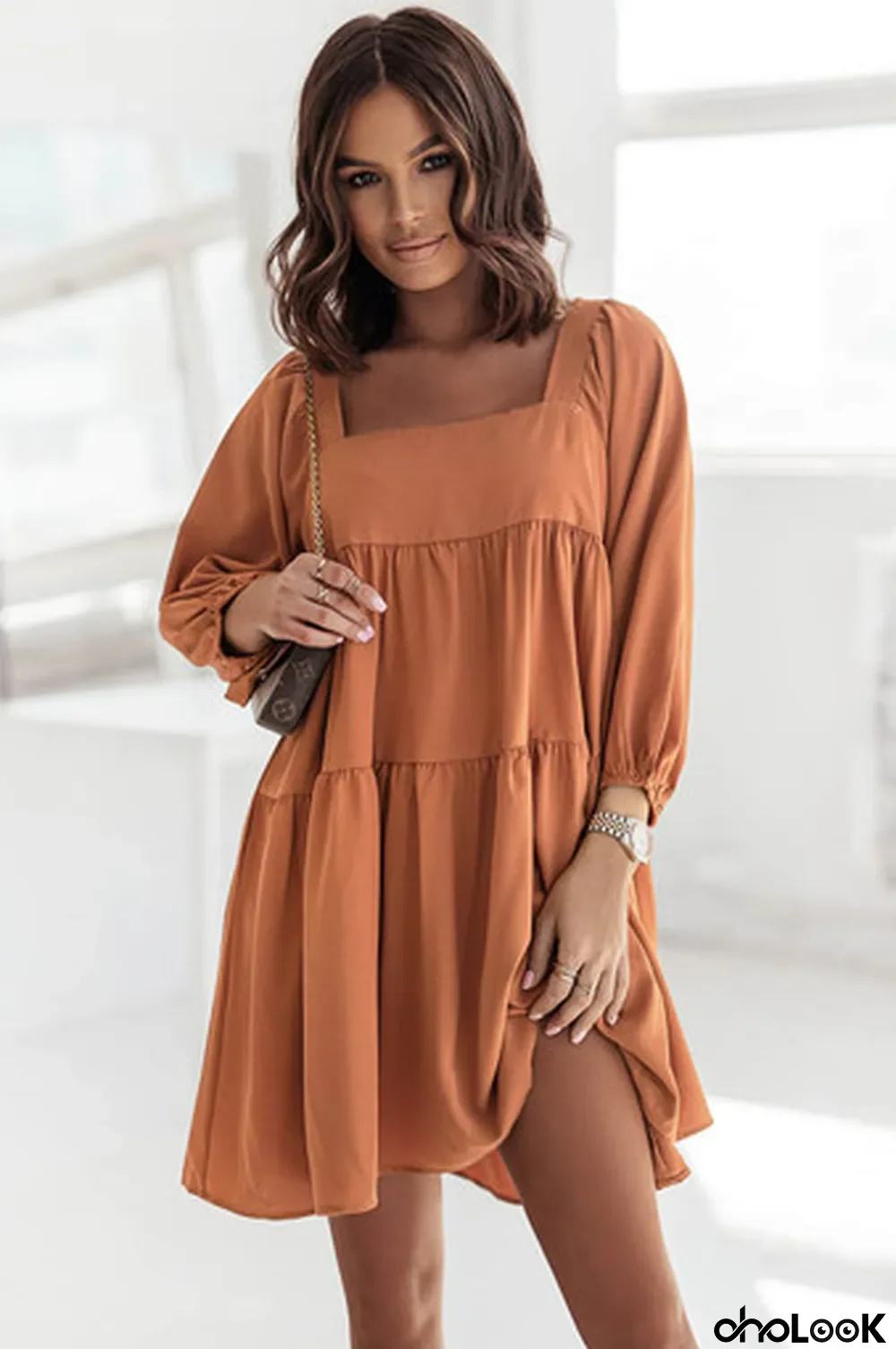 Brown Square Neck Half Sleeve High Low Mini Dress