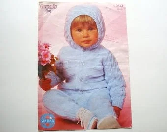 Pornhint HOODIE JACKET & TROUSERS Set Knitting Pattern 3423 Knit Baby Chest 20 22 24 inches Sirdar Hooded Sweater Cardigan Jumper Pants Leggings