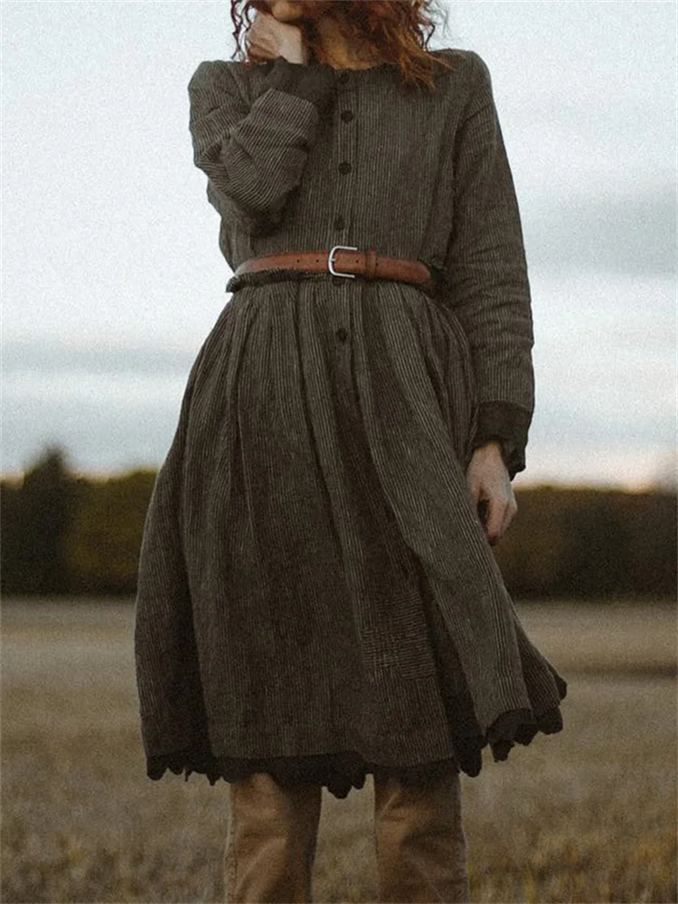 Vintage Striped Buttonthrough Pleated Maxi Dress