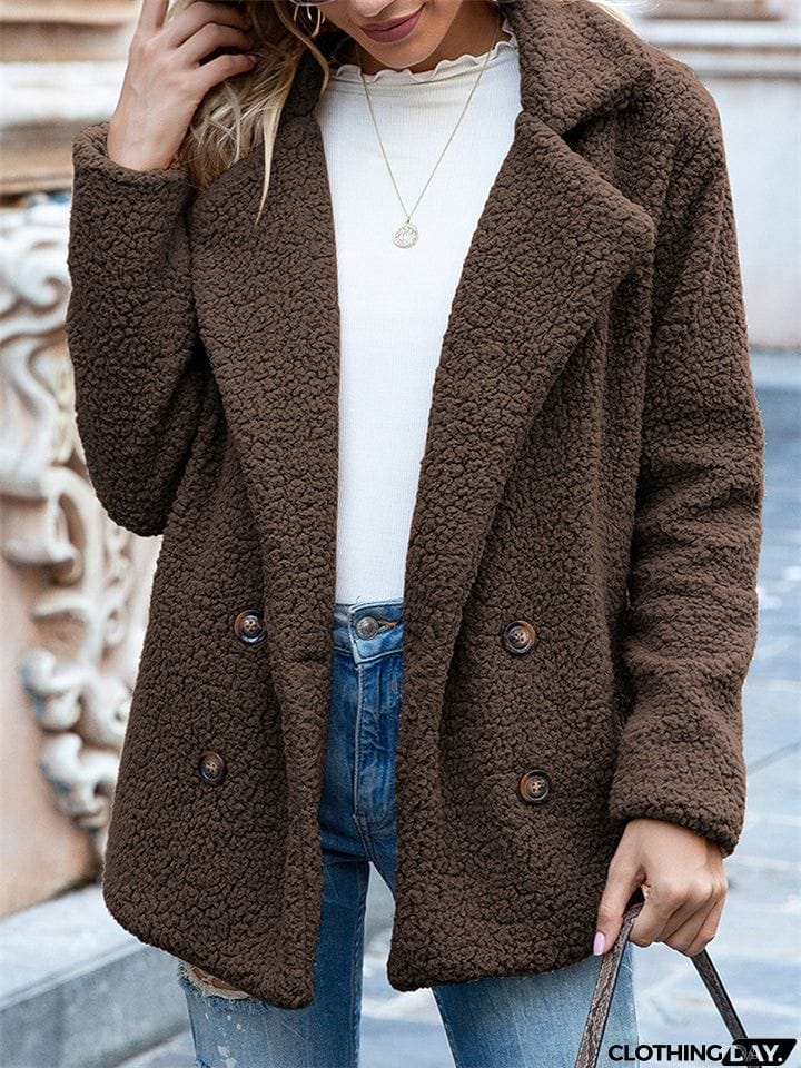 Casual Trendy Lapel Buttons Solid Color Coat For Women