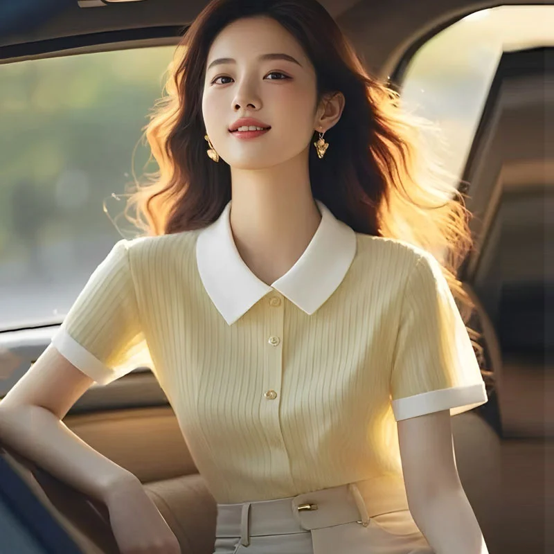 Athvotar Athvotar Ice Silk Polo Collar Knitted Shirt For Women 2025 Summer New Commuter Shoulder Short-Sleeved T-Shirt Euro Shirt