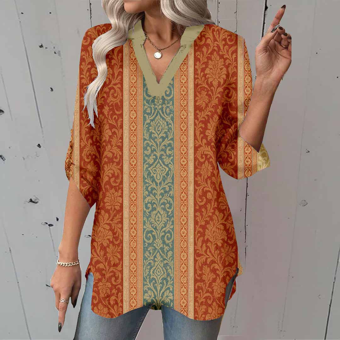 Women Bohemian,Orange,Blue DZGA0291 3/4 Sleeve V-neck Printed Graphic Button Tops