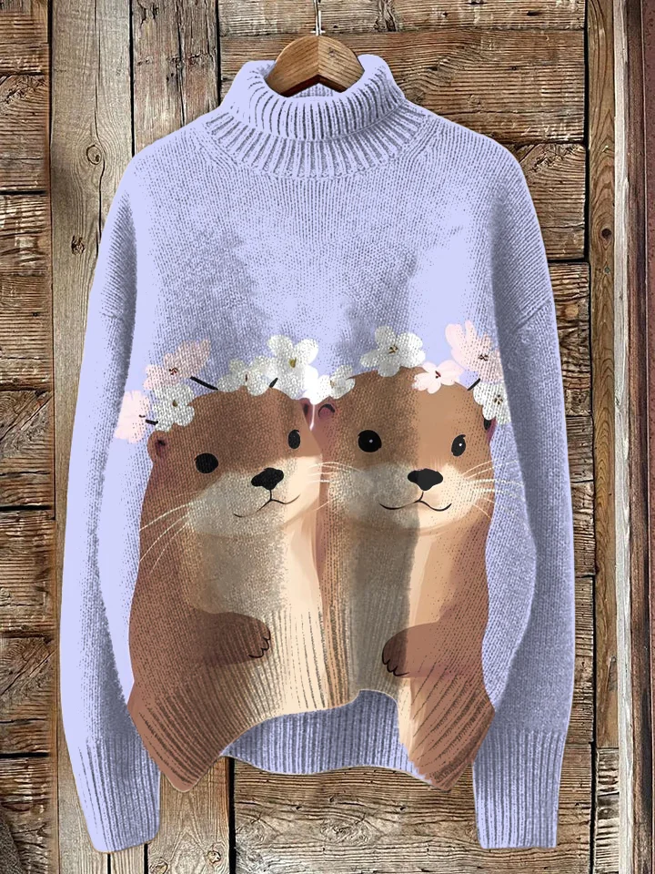 Women's Cute Otter Art Print High Neck Knit Sweatshirt