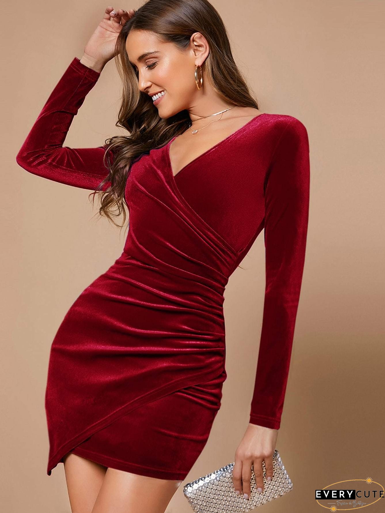 Ruched V Neck Dress, Elegant Wrap Bodycon Long Sleeve Dress, Women's Clothing