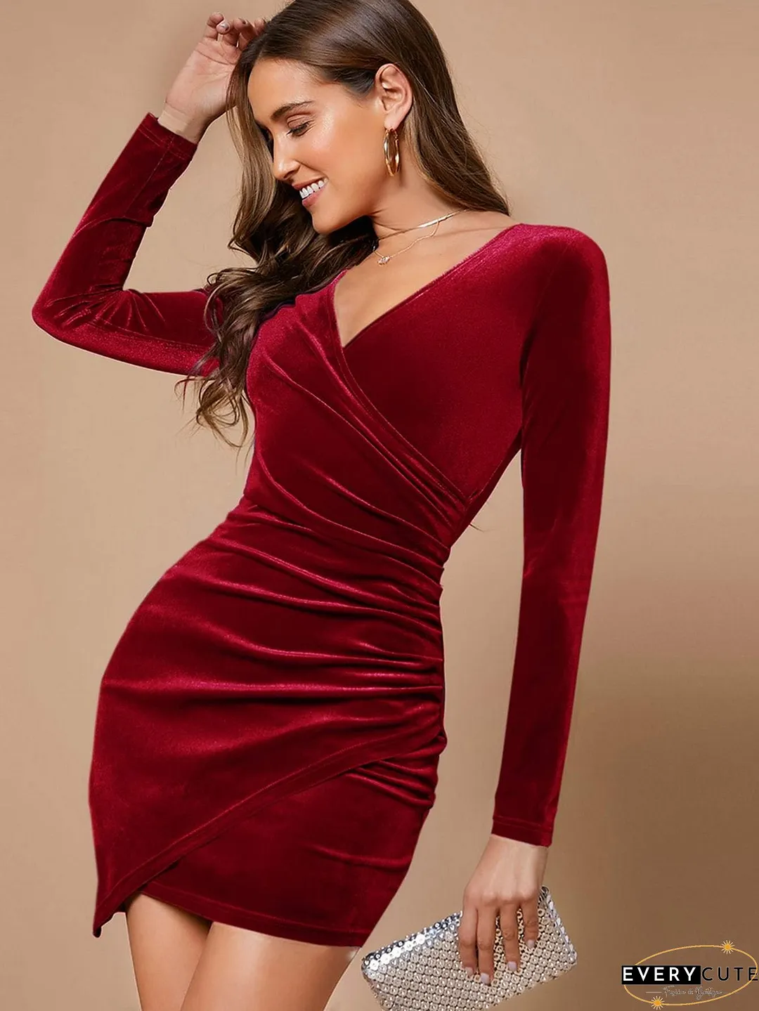 Ruched V Neck Dress, Elegant Wrap Bodycon Long Sleeve Dress, Women's Clothing