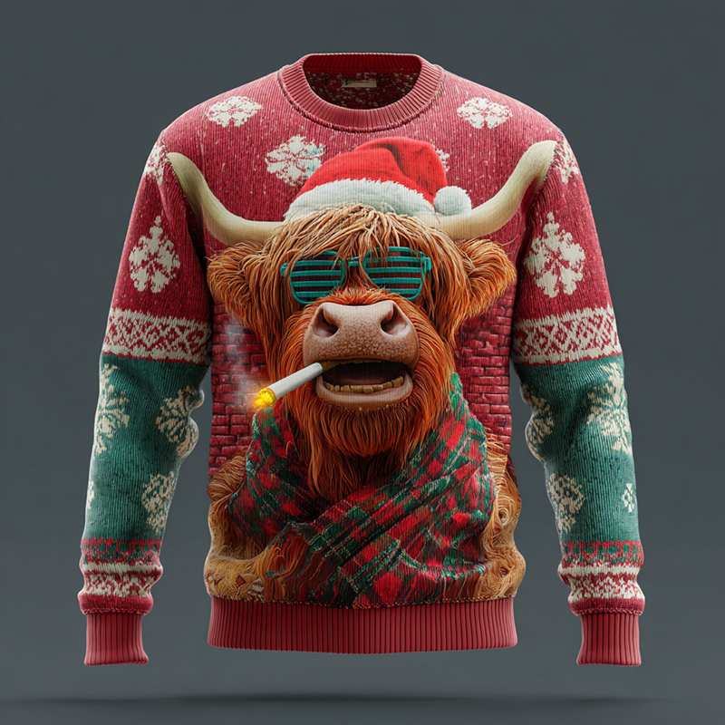 Men's Fun Christmas Highland Cow Print Knit Pullover Sweater elevenforest