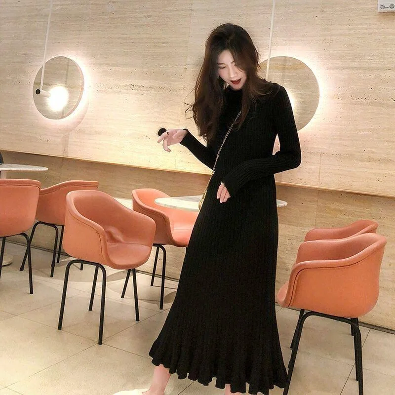 Knitted fishtail dress in autumn and winter long section over-the-knee slim-fit woolen bag hip thickened base sweater dress
