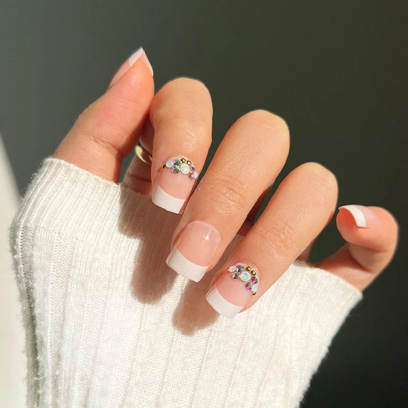 24pcs/set Light Grey Rhinestone Short Size Design Artificial Nail DIY Fashion false nails with glue fake nails press on for girl-Nail Inspo