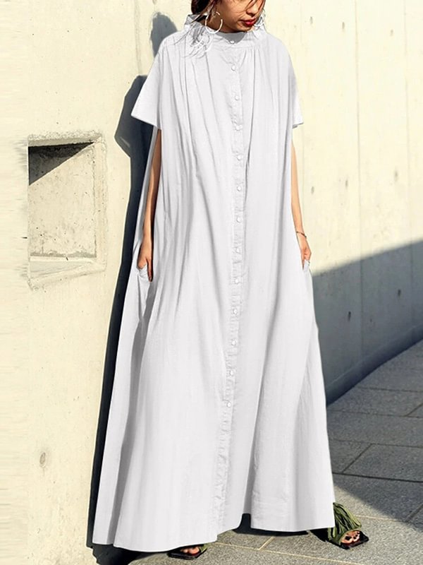 Urban Solid Color Split-Joint Pleated Short Sleeves Stand Collar Maxi Dress