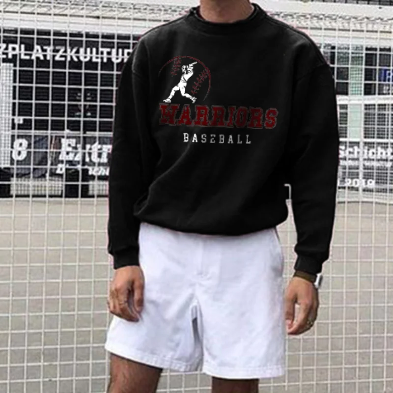 Warriors Baseball Letter Baseball Player Printed Black Sweatshirt