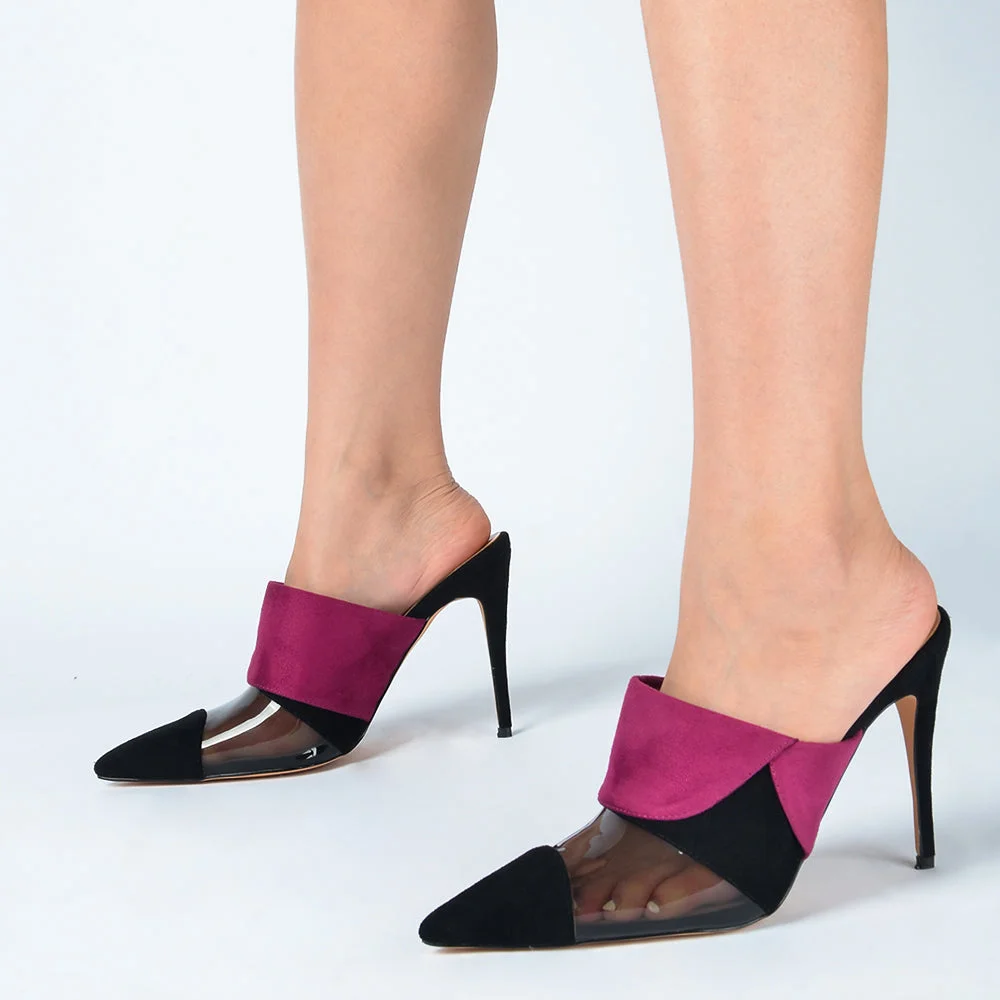 Black And Purple Pointed Toe Suede Mules Clear Design Heels