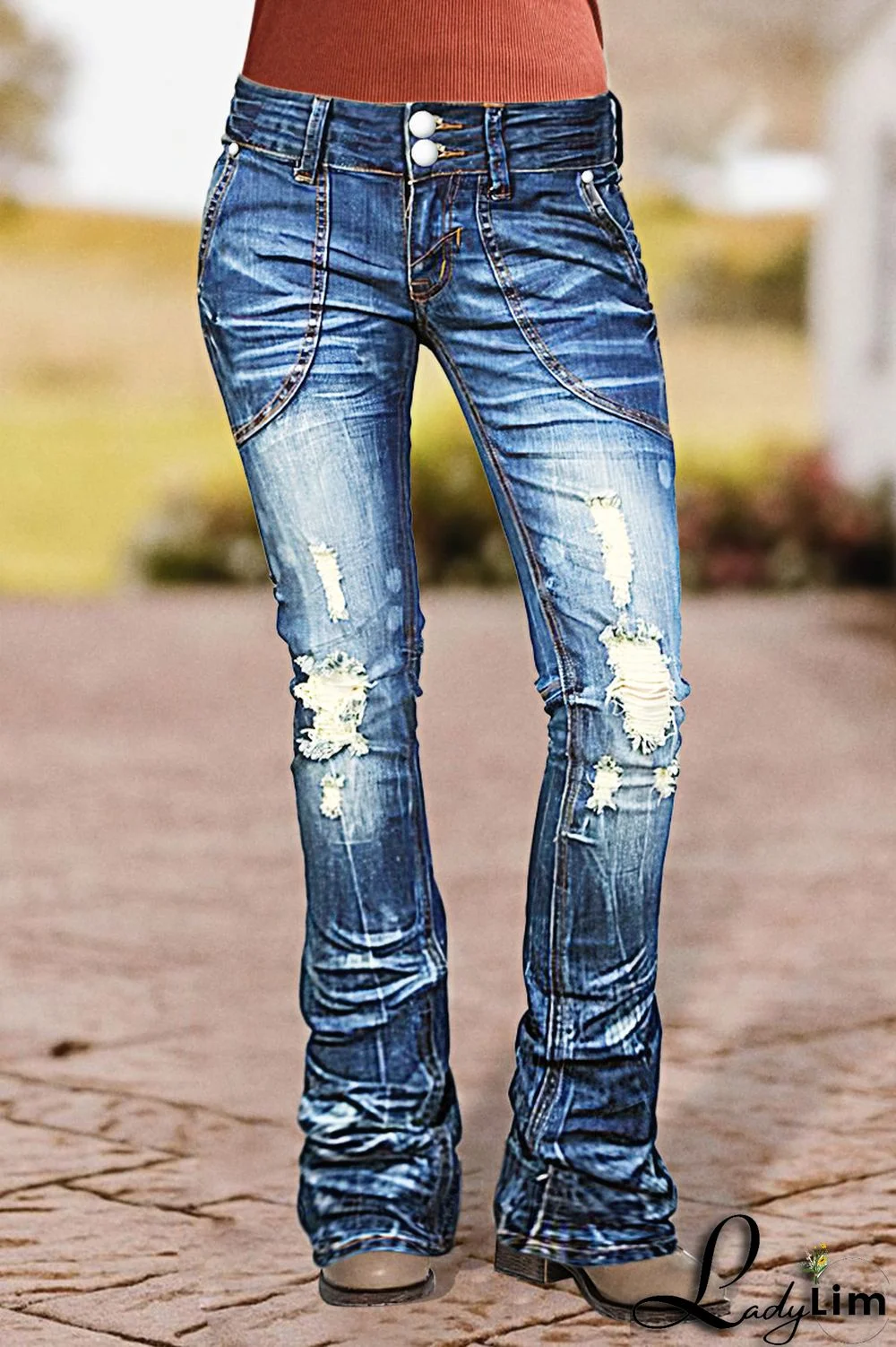 Double Button Ripped Low Waist Flare Jeans