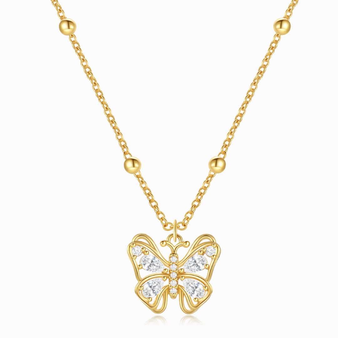 White Stone Butterfly Necklace Gold