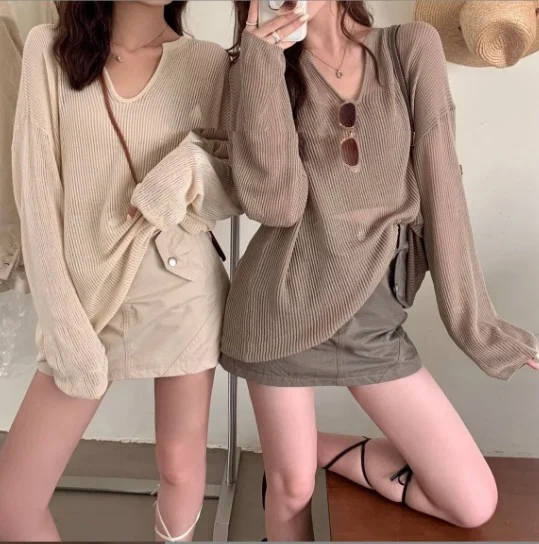 Toloer Toloer New Korean Loose Lazy Wind Long Sleeve Large Version V-Neck Ice Silk Jacket Women's Spring And Summer Thin Hollow Out Sweater-Outfit Ideas