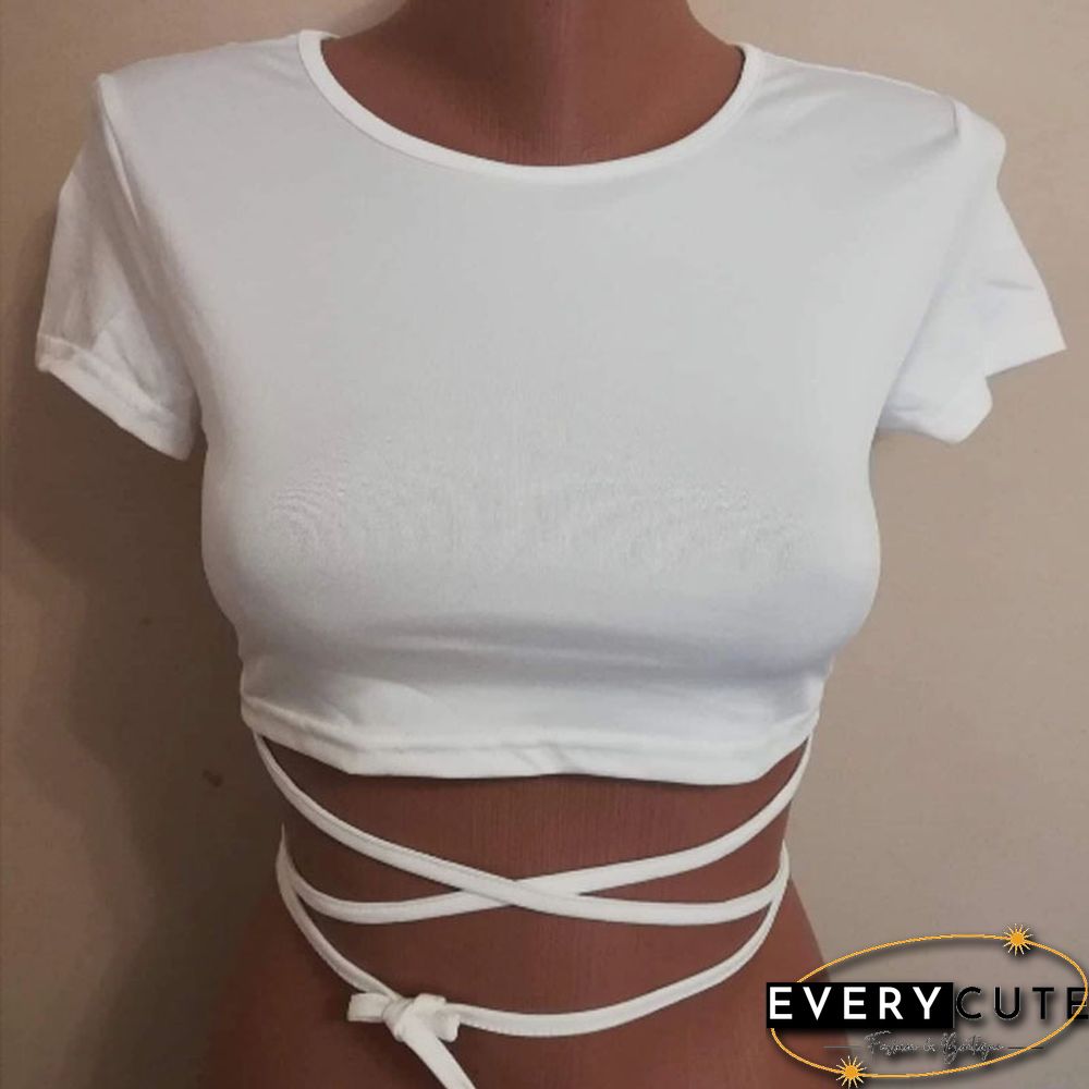 New O Neck Solid Tshirt Women Summer Cross Bandage Tee Sexy Short Sleeve Camisole Casual Tank Top Fashion Female Crop Tops Shirt