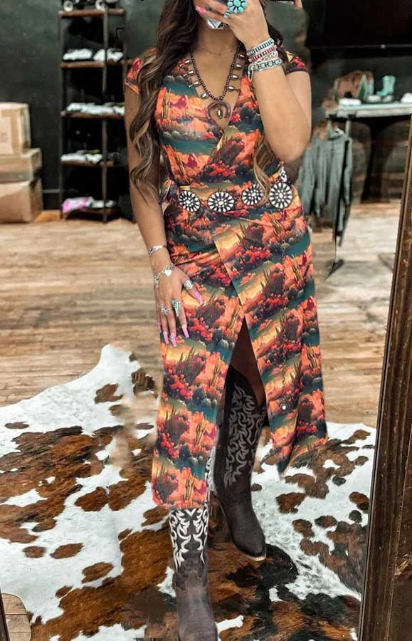 Canyon Sunset Print Slit Dress