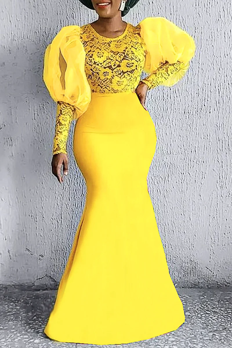 Yellow Fashion Formal Solid Patchwork See-through O Neck Evening Dress | EGEMISS