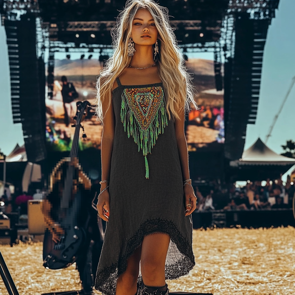 Music Festival Rock Party Heat Wave Carnival Vintage Wilderness Ethnic Style Linen Tassel Lace Suspender Dress