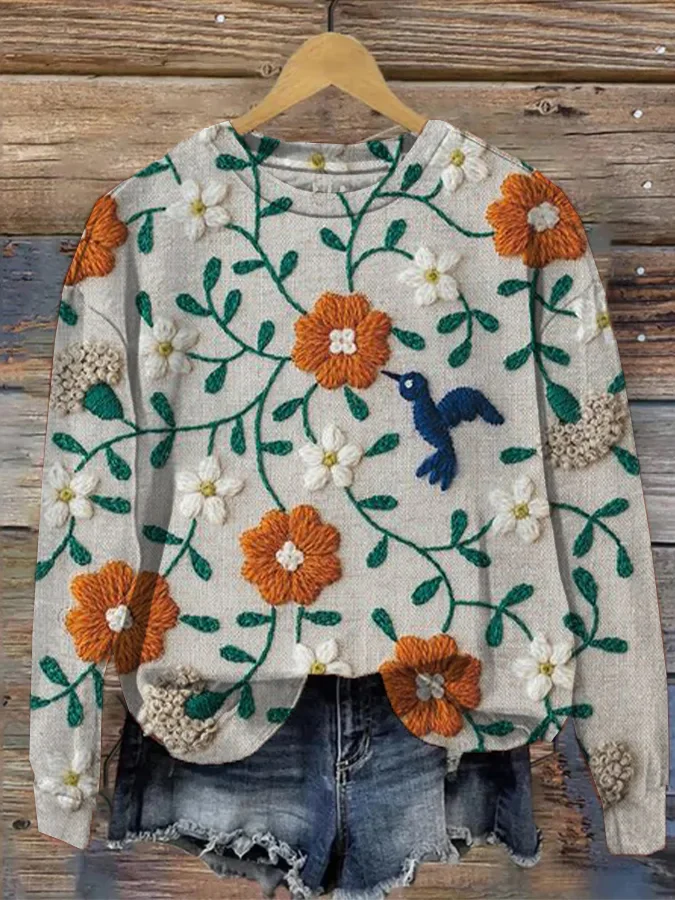Women's Yarn Art Flowers And Hummingbirds Colorful Print Casual Sweatshirt