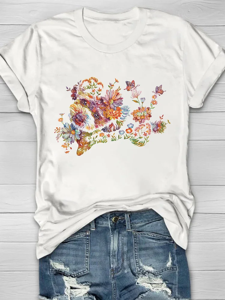 Butterfly Floral Puppy Printed Crew Neck Women's T-shirt