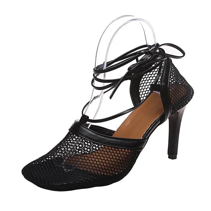 2022 Summer Women High Heels Pumps Sandals Square Toe Ankle Strap Gladiator Sandles Woman Sexy Yellow Mesh Hollow Dress Shoes