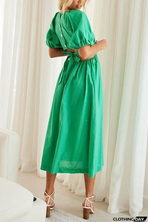 Cut Out Waist V Neck Puff Sleeve Dress